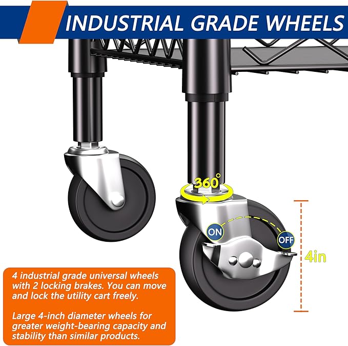 3 Tier Heavy Duty Rolling Utility Cart, Commercial Grade Metal - Image 6