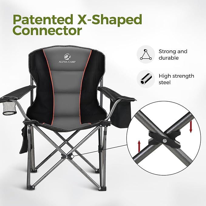 Black Camping Chair with Cooler Bag and 500 lb Capacity