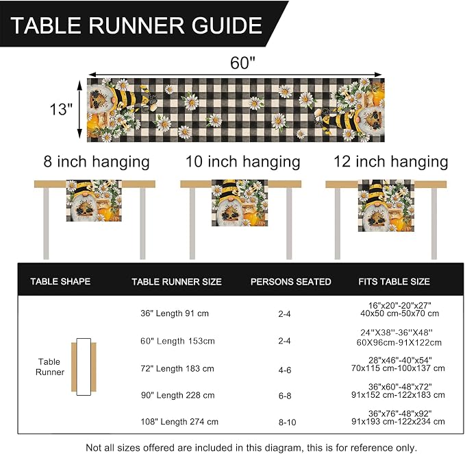 Seliem Spring Bee Gnome Table Runner, Honey Black White Buffalo Plaid Check - Image 7