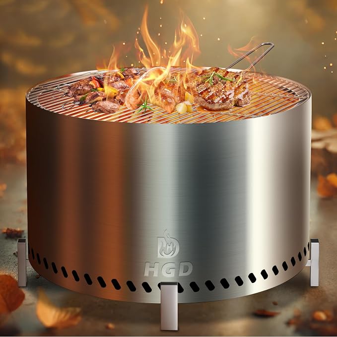 HGD 28" Smokeless Firepit with Stand & Grill Rack, Large Stainless Steel Wood - Image 9