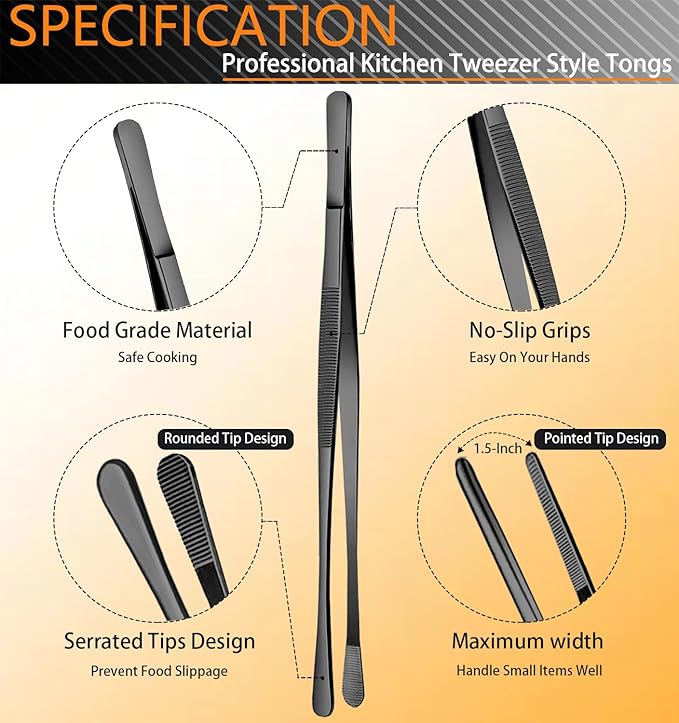 Tweezer Tongs 6-Piece Set, Stainless Steel, 12-Inch and 6.3-Inch, Black