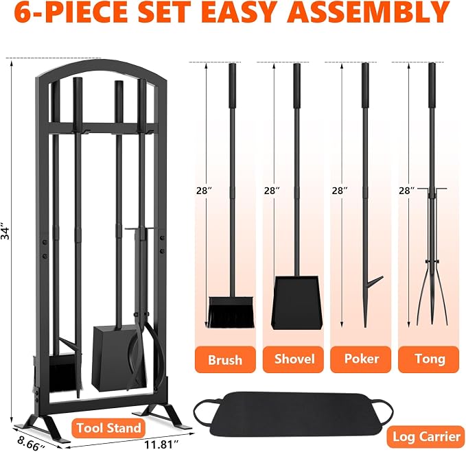 6 Pcs Fireplace Tools Set with Log Carrier, HXJLJY 34" Fireplace Accessories - Image 3