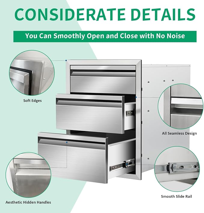 Outdoor Kitchen Drawers 16" W x 21" H x 23" D Stainless Steel Triple Drawers - Image 4