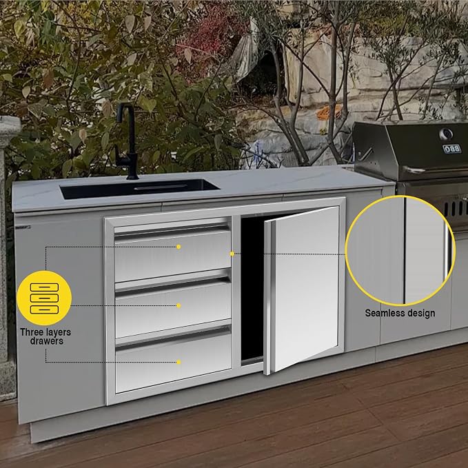 Outdoor Kitchen Drawer Combo, Stainless Steel Triple Drawers & 2 Trash Can - Image 6