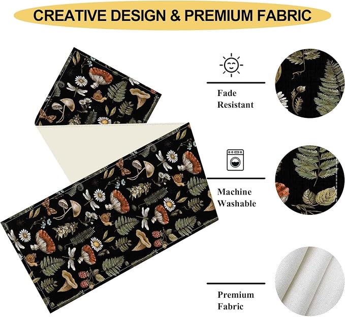 Mushroom Table Runner, Rustic Farmhouse Forest Plants Botanical Country Black - Image 5