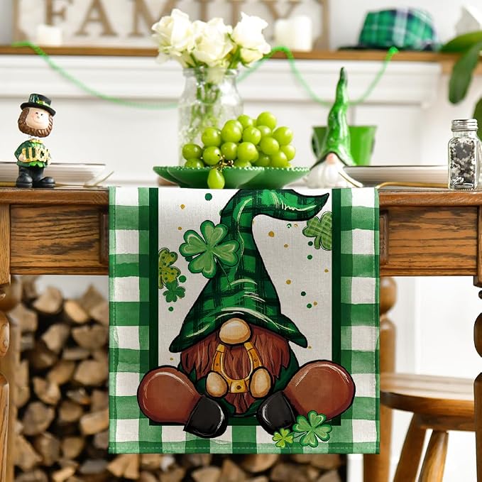 Artoid Mode Shamrock Lucky Buffalo Plaid Gnomes St. Patrick's Day Table Runner - Image 2