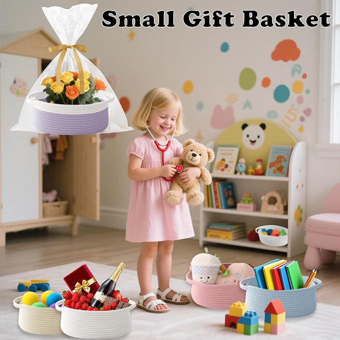 Gift Basket with Gift Bag and Ribbons, Small Rope Woven Shelf Storage, Baskets - Image 4