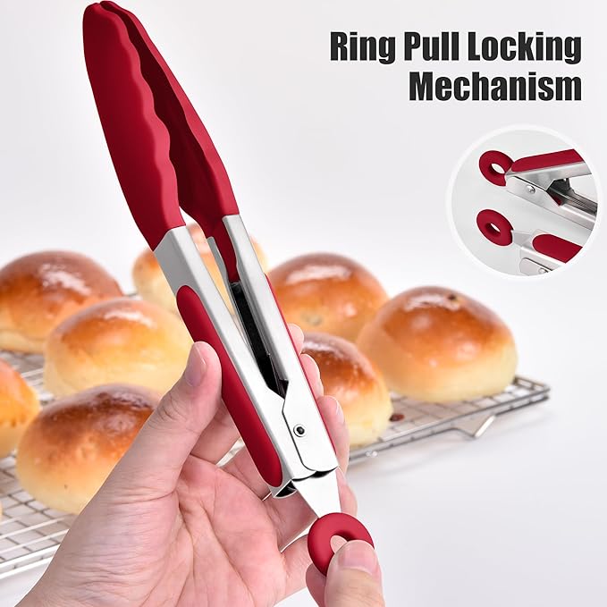 Tongs, 10.51-Inch Stainless Steel with 600°F Silicone Tips, Red