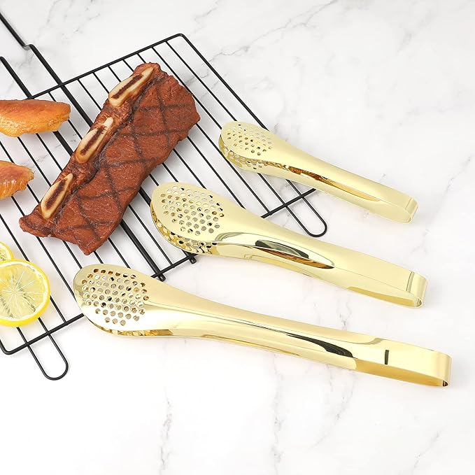 Tongs Set in Gold Stainless Steel, 7, 9 and 11 Inch Sizes