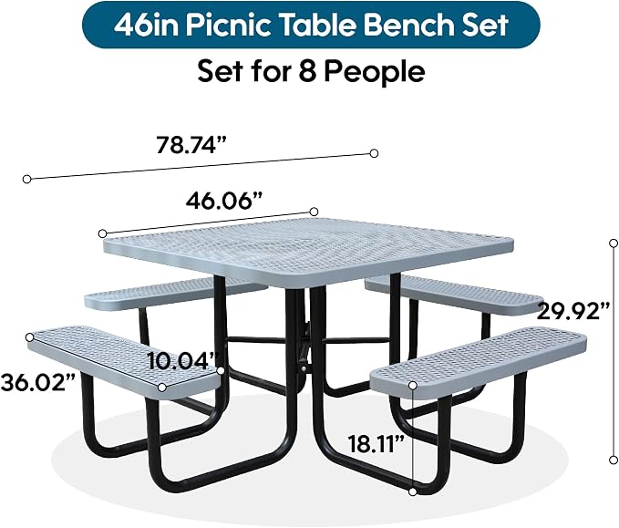 46" Square Picnic Table W/Benches, Heavy Duty Metal Picnic Table Set - Image 2