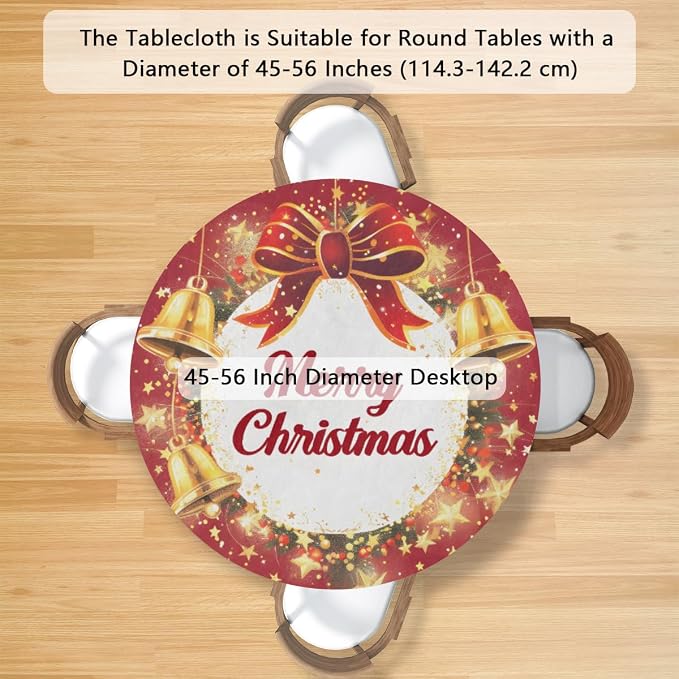 Merry Christmas Bell Bow Round Table Cloth Cover, Elastic Edge Waterproof - Image 2