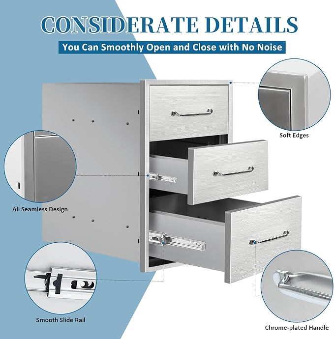 Outdoor Kitchen Drawers 14" Wx21 Hx21 D Flush Mount Access 3-Drawer BBQ - Image 4