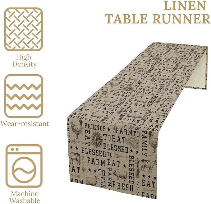 Farmhouse Animal Table Runner, Vintage Country Cow Chicken Sheep Pig Rustic - Image 4
