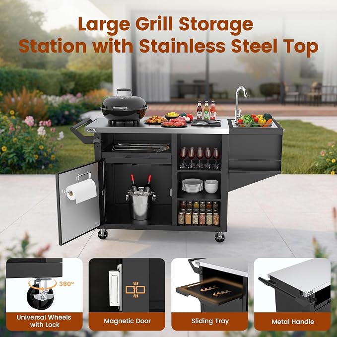 NUUK Grill Cart with Sink and Storage Cabinet Outdoor Kitchen Island Prep Table - Image 2