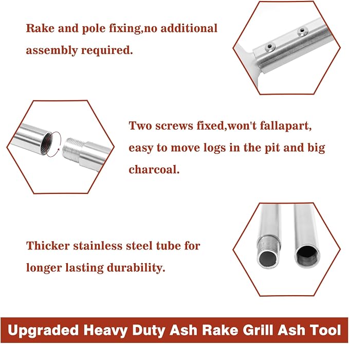 Coal Rake Grill Ash Tool, BBQ Charcoal Stainless Steel Rake - Image 3