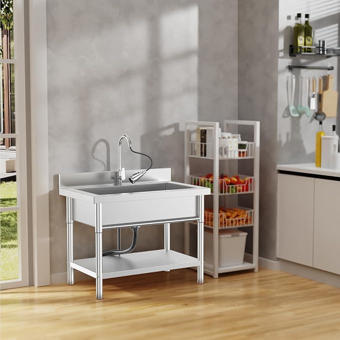 40Inch Stainless Steel Utility Sink, Free Standing Single Bowl Kitchen Sink - Image 6