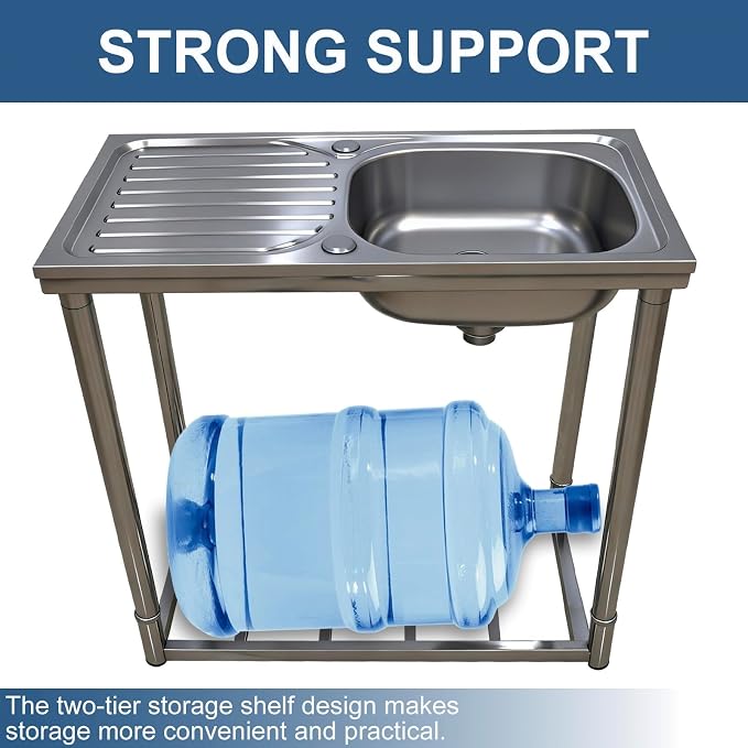 Outdoor Sink with Hose Hook Up, Free Standing Stainless Steel Utility Sink - Image 3