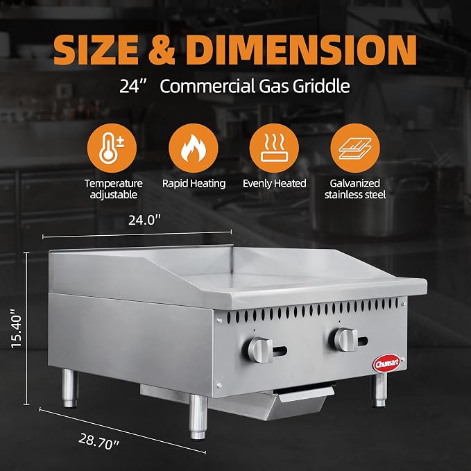 24" Commercial Countertop Griddle, 2 Burners Gas Griddle, 60000 BTU Output - Image 3