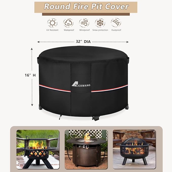 Fire Pit Cover Round 32 Inch Waterproof, Outdoor Heavy Duty Durable 600D - Image 2