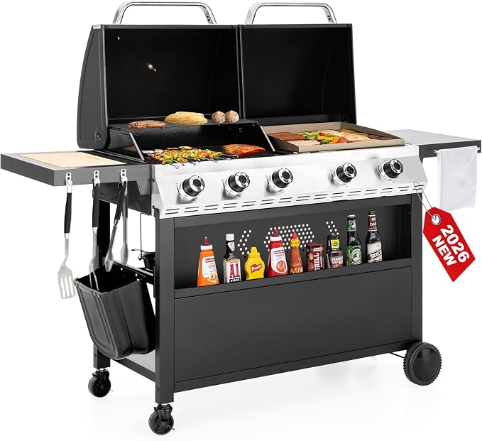 5 Burner Griddle Grill Combo, 2 in 1 Propane Gas BBQ Grill by GREENPARTY