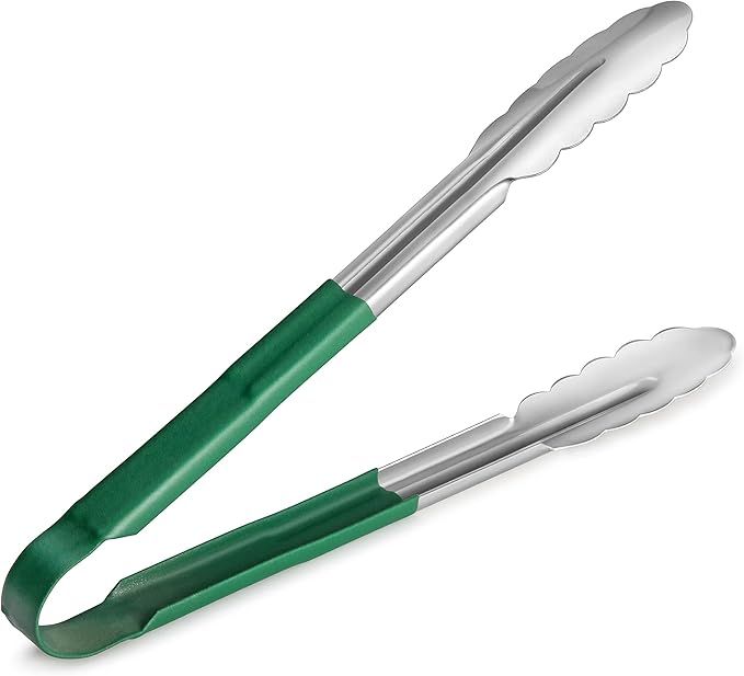 Tongs for Serving, Stainless Steel with Green Vinyl-Coated Handles