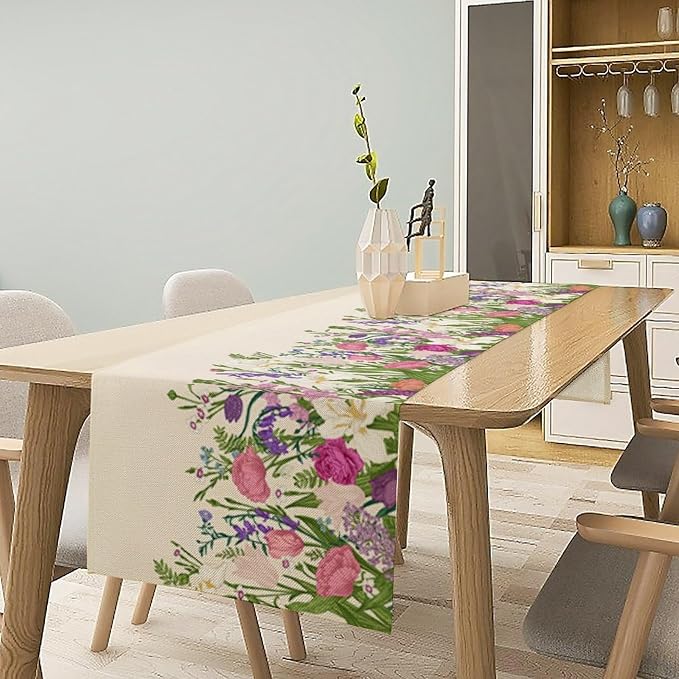 Floral Table Runner, Watercolor Spring Summer Seasons Pink Purple Flowers Table - Image 3