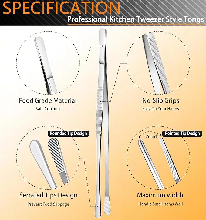 Tweezer Tongs Set, 6 Pieces, 12 and 6.3 Inch, Stainless Steel
