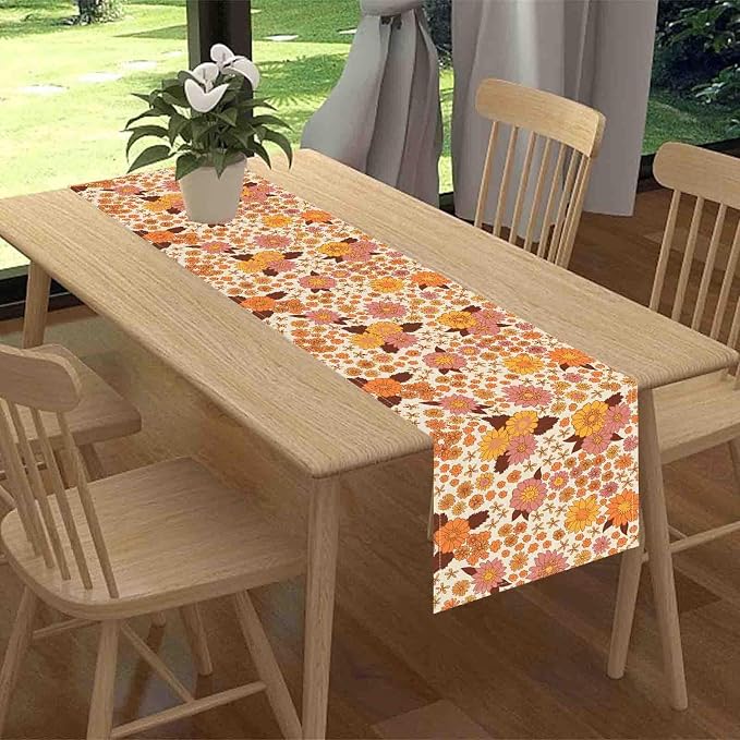 Groovy Floral Table Runner, Retro 70s Hippie Floral Funky Orange Floral Trippy - Image 2
