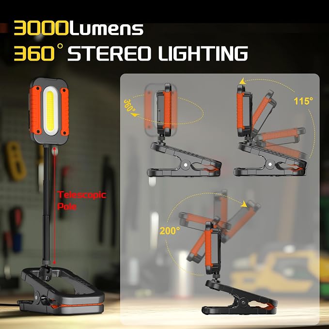 Rechargeable Work Light with Clamp, 3000LM Clip on Lamp with Magnet, Telescopic - Image 5
