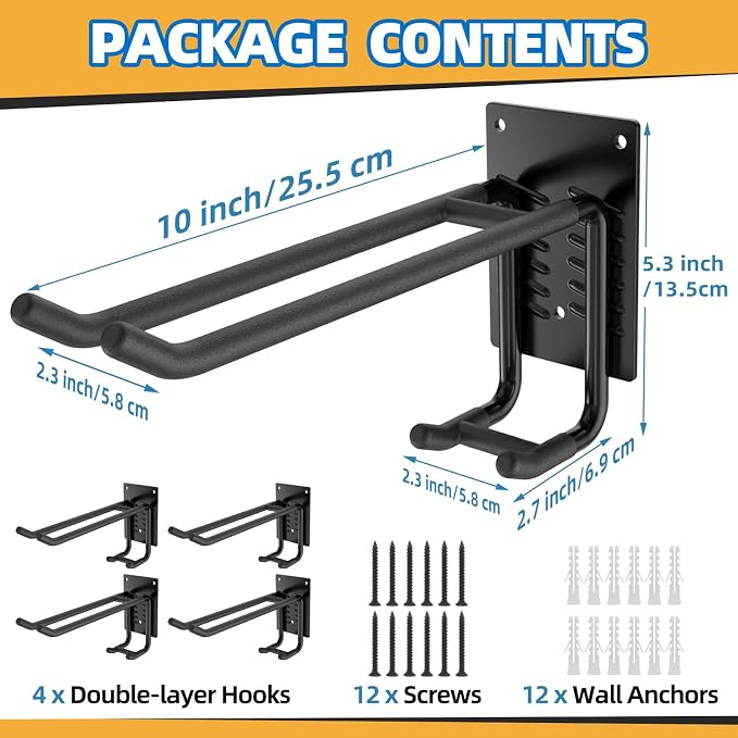 4 Pack Garage Hooks Heavy Duty 10 INCH Double-Layer Steel Shed Wall Mount - Image 2