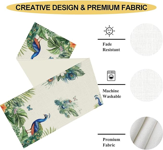 Peacock Table Runner, Traditional Chinese Style Peacock Feather Bird Floral - Image 5