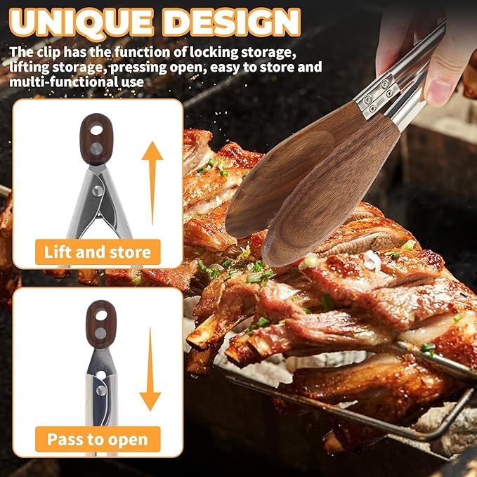 Food Tongs Set of 2 with Walnut Wood Tips, 10 and 13.5 Inch