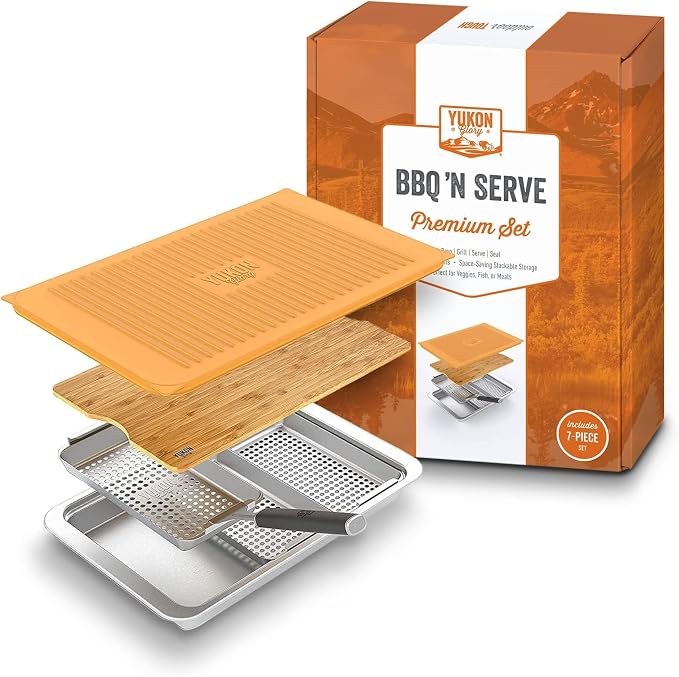 Yukon Glory™ BBQ 'N SERVE Premium Set, Includes 3 Grill Baskets, Serving Tray by YukonGlory