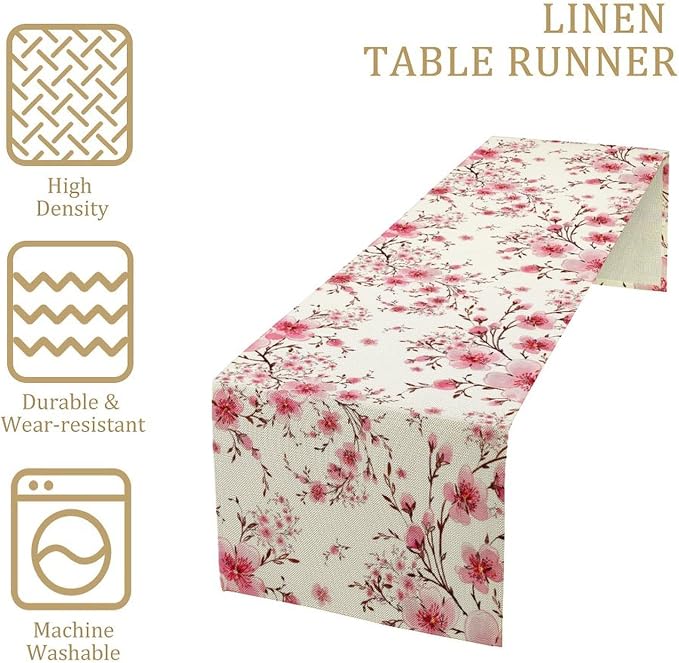 Cherry Flower Table Runner, Seasonal Spring Cherry Blossoms Branches Watercolor - Image 4