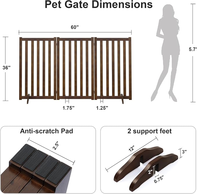 36" Height Extra Tall Freestanding Pet Gate, Solid Wood Folding Safety Fence - Image 2