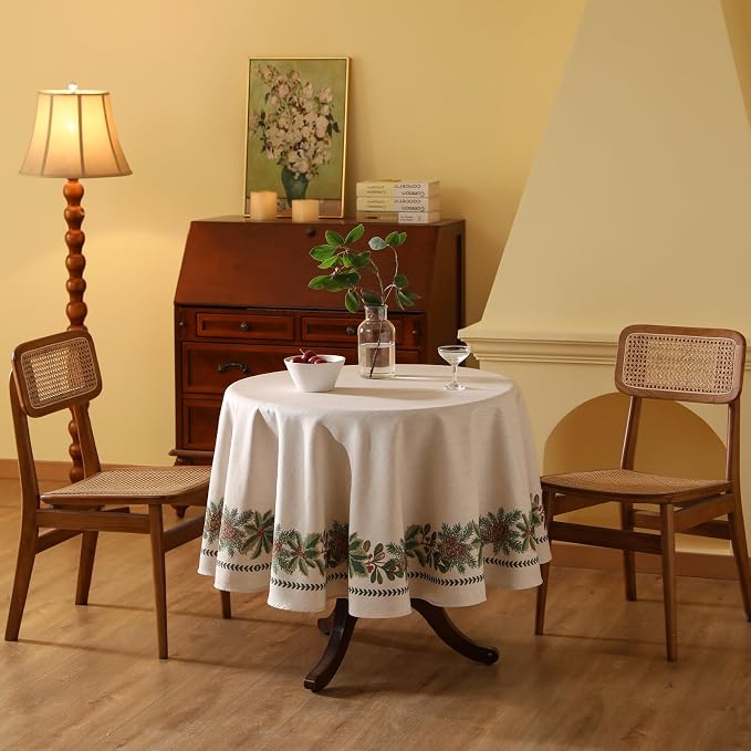 ISAENNE Designer Christmas Linen Small Round Tablecloth, Light Beige Western - Image 2