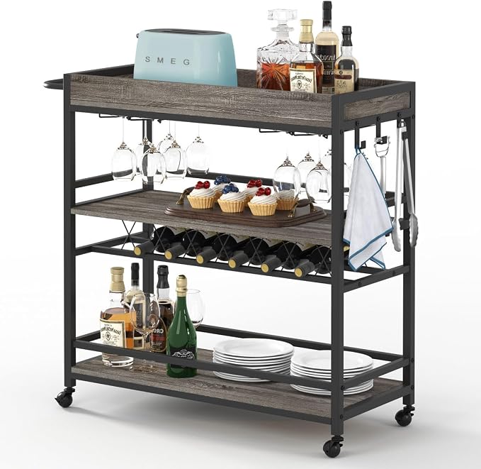 BON AUGURE Bar Cart, Home Bar Serving Cart on Wheels, Mobile 3 Tier Liquor by BONAUGURE