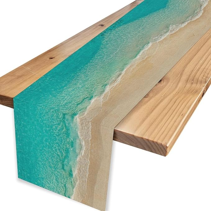 Blue Sea Waves Table Runner, Summer Turquoise Tropical Beach Sandy Ocean Clear - Image 4