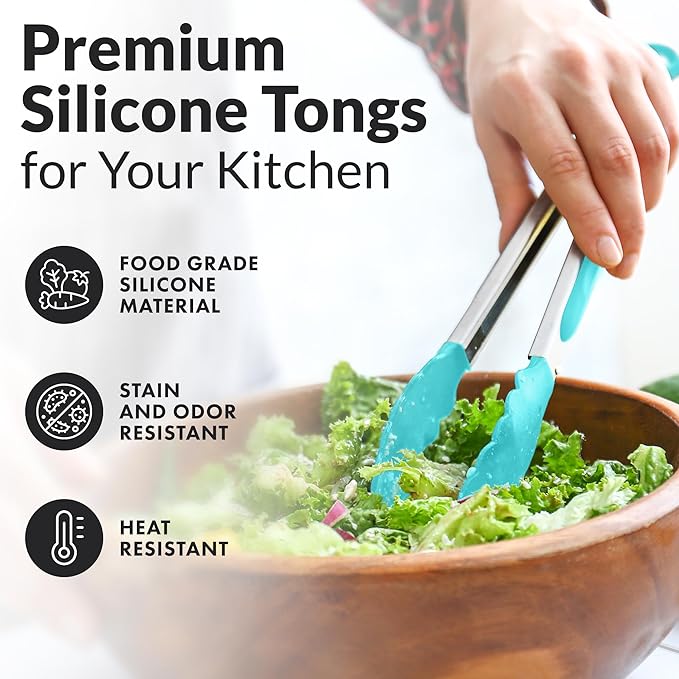 Stainless Steel Grilling Tongs with Silicone Tips, 9 and 12 Inch Sizes