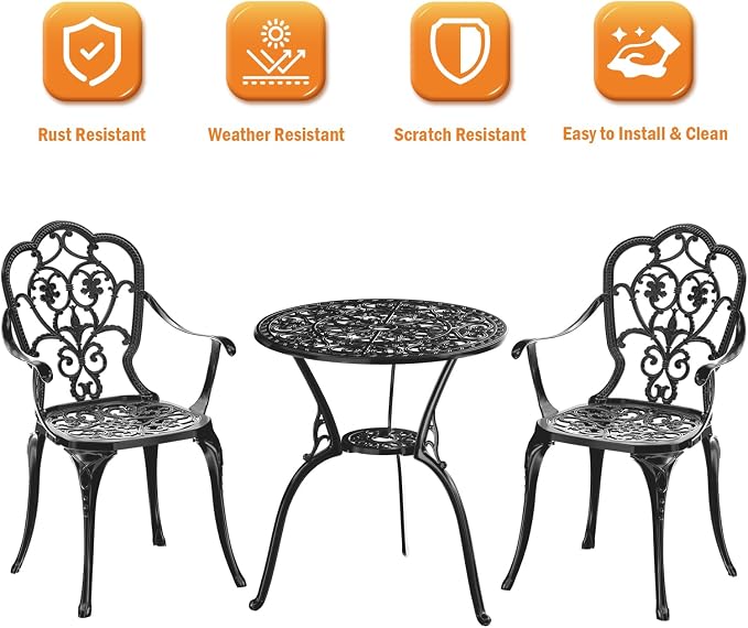 Patio Bistro Set of 2, Cast Aluminum, Outdoor Set w/Umbrella Hole, 3 Piece - Image 4