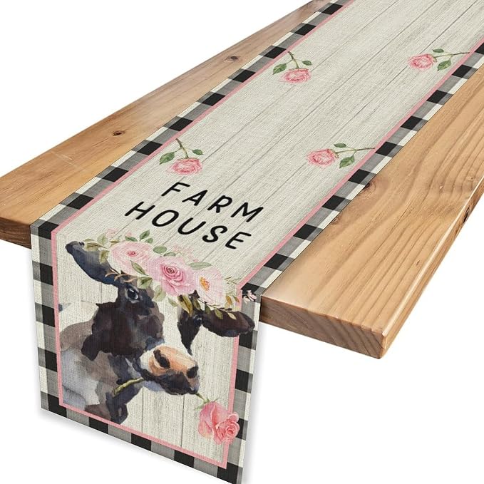 Cow Farmhouse Table Runner, Rustic Black White Plaid Buffalo Animals Flower - Image 4