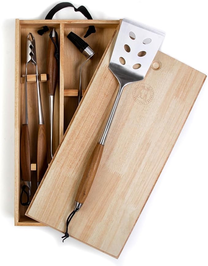Barbecue Tool Set, 4 Piece Stainless Steel with Bonded Teak Handles