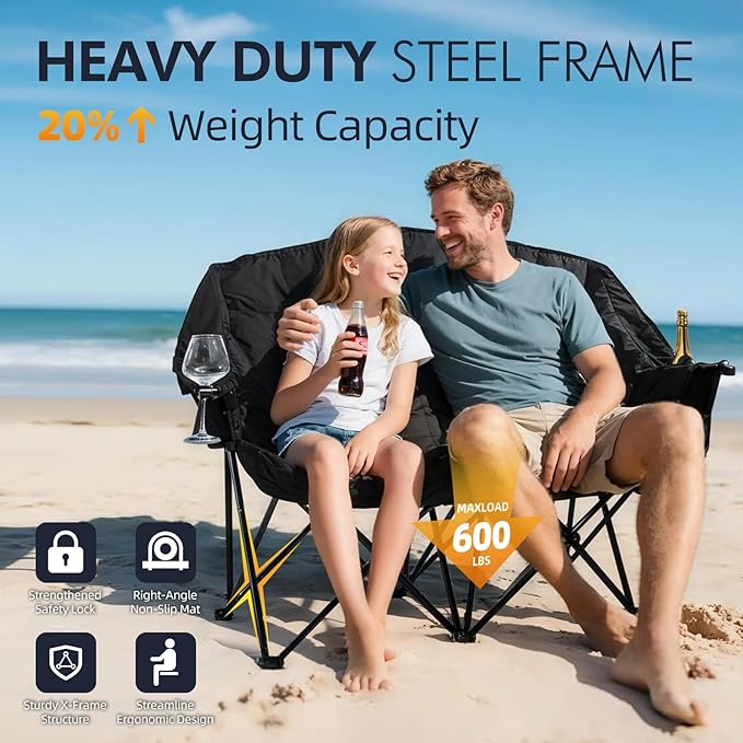 Camping Loveseat Chair for Two, Padded Black Folding Chair