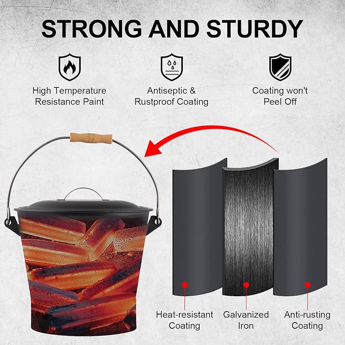 Ash Bucket with Lid, Shovel and Hand Broom, 2.6 Gallon Fireplace Metal Bucket - Image 3