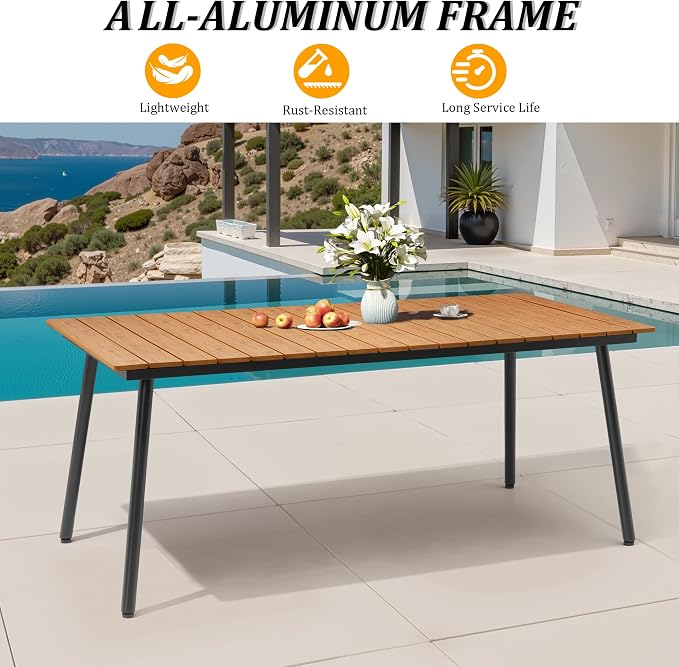 70" Patio Outdoor Dining Table for 4-6, Weather-Resistant Wood-Grain Top - Image 6