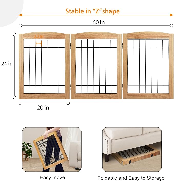 LZRS 3-Panel Freestanding Foldable Wooden Dog Gate –Solid Wood & Steel Wire - Image 5