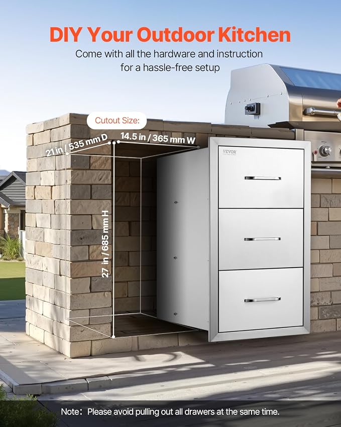 VEVOR Outdoor Kitchen Drawers 16" W x 28.5" H x 20.5" D, Flush Mount Triple - Image 7