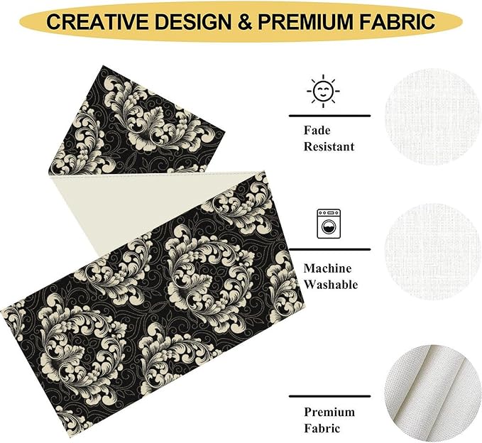 Gothic Table Runner, Retro Black Damask Baroque Style Floral Bohemian Exotic - Image 5