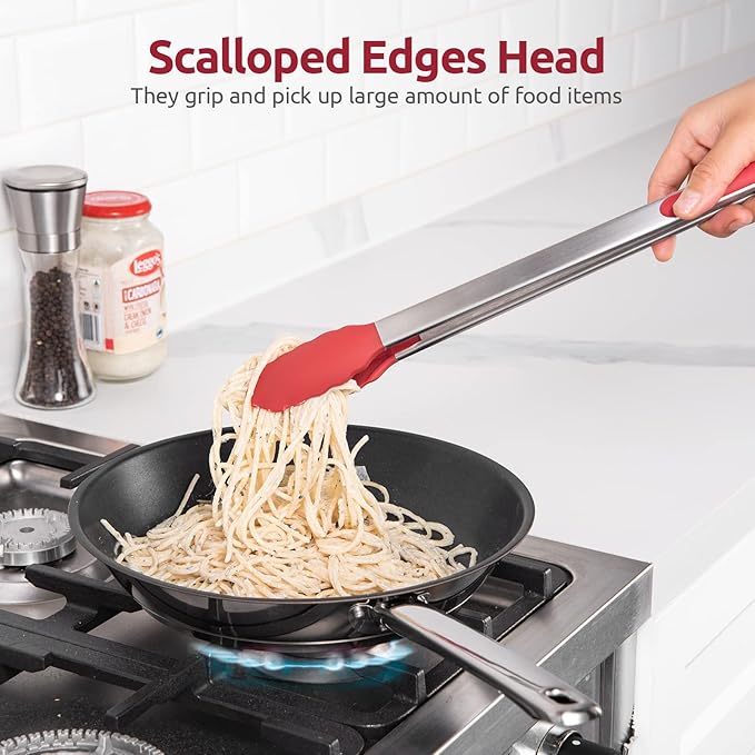 Tongs, 16-Inch Red Locking Grill Tongs with Silicone Tips