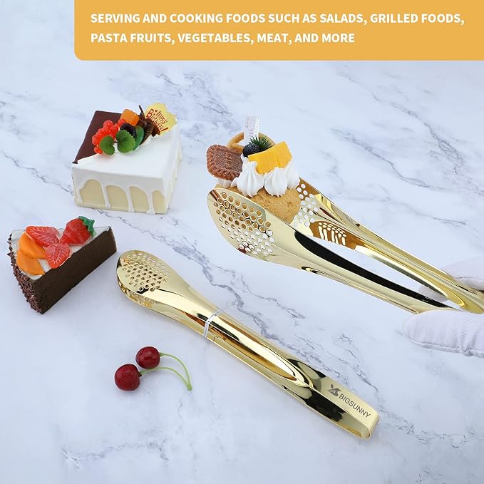 Serving Tongs, 11 Inch Gold Stainless Steel with Ergonomic Grip